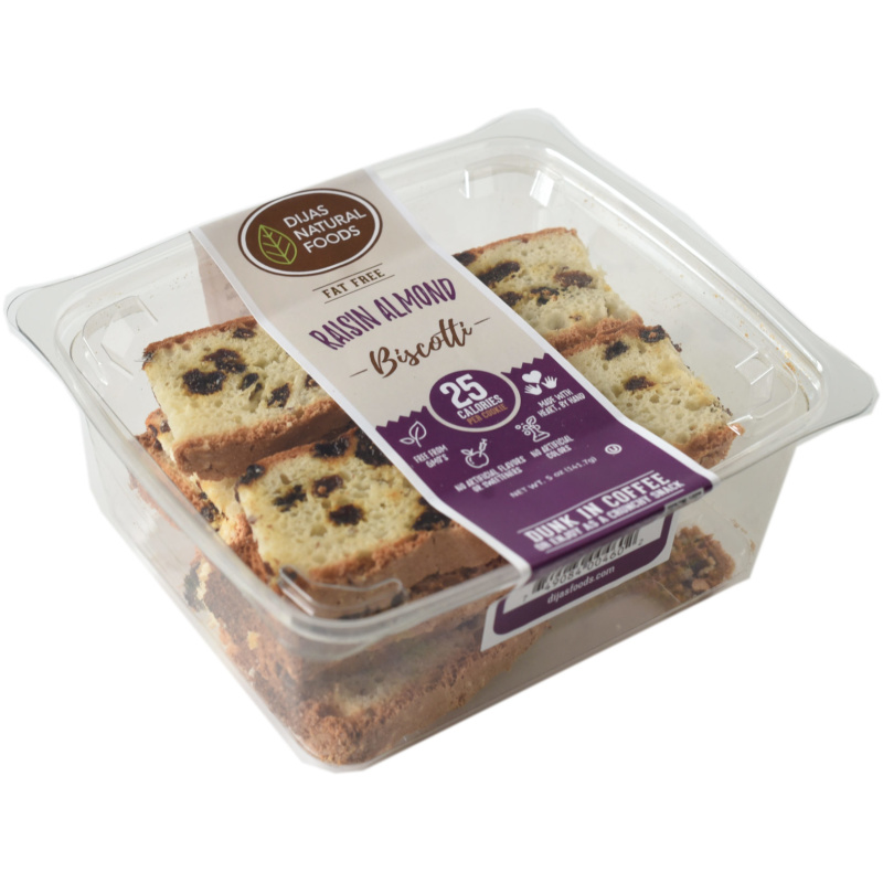 DIJAS Raisin Almond Biscotti is a delicious low calorie, fat-free, healthy snack. We ship to all 48 states in the continental USA including Pennsylvania, Delaware, New Jersey, New York, Massachusetts, Maine, Virginia, Texas, Florida, and California!