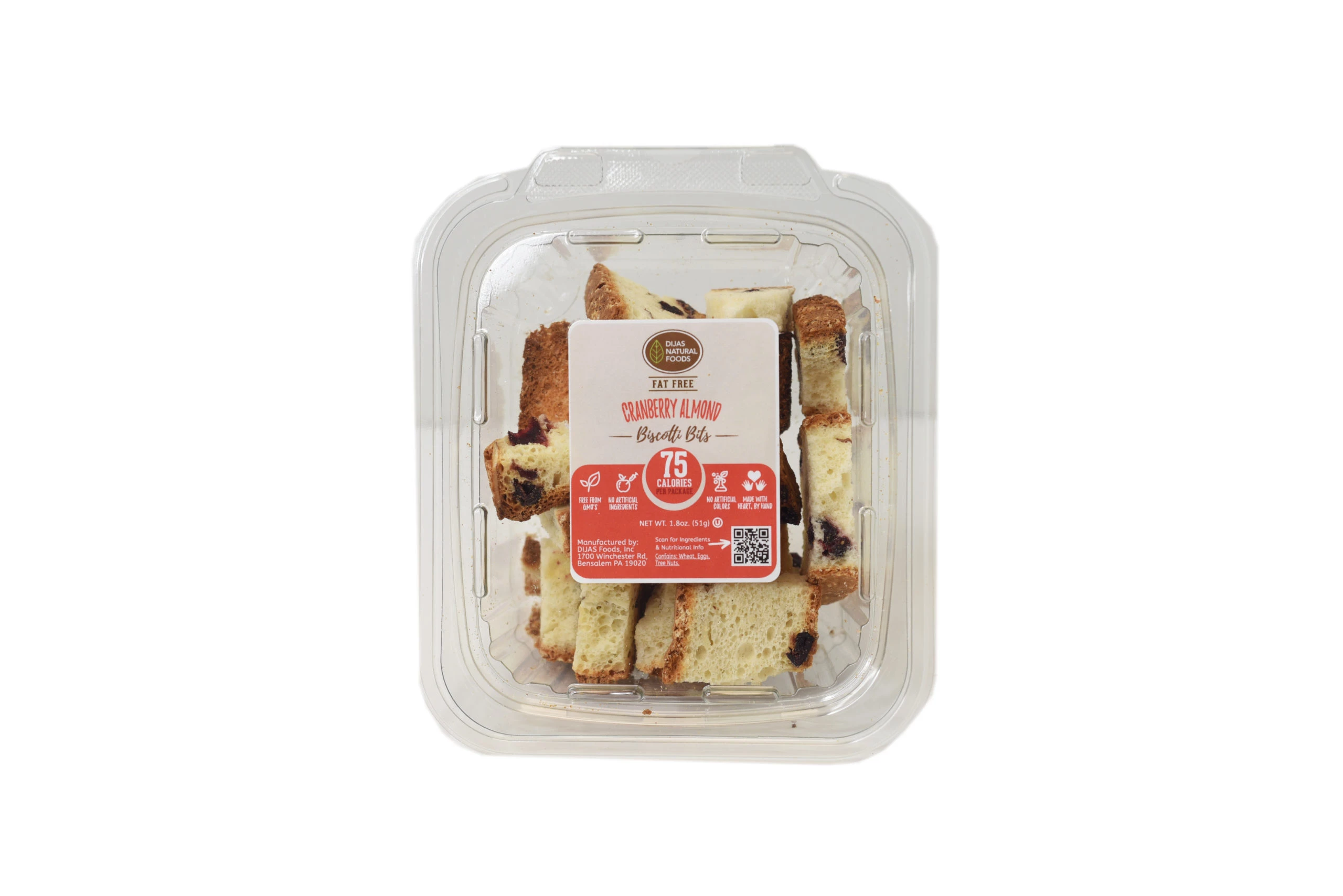 DIJAS Cranberry Almond Biscotti Bits are a delicious low calorie and fat-free snack. We ship to Pennsylvania, New Jersey, New York, Delaware, Virginia, Maryland, Florida, California, and more!